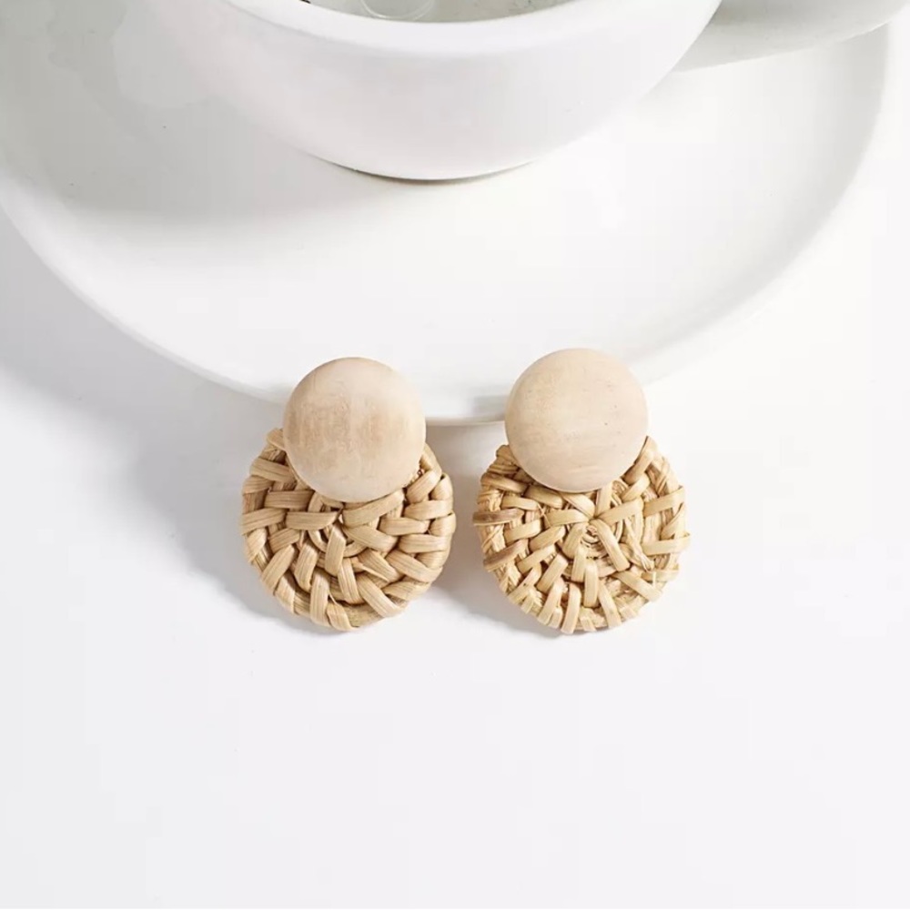 Rattain Weaved and Wooden Boho Earrings